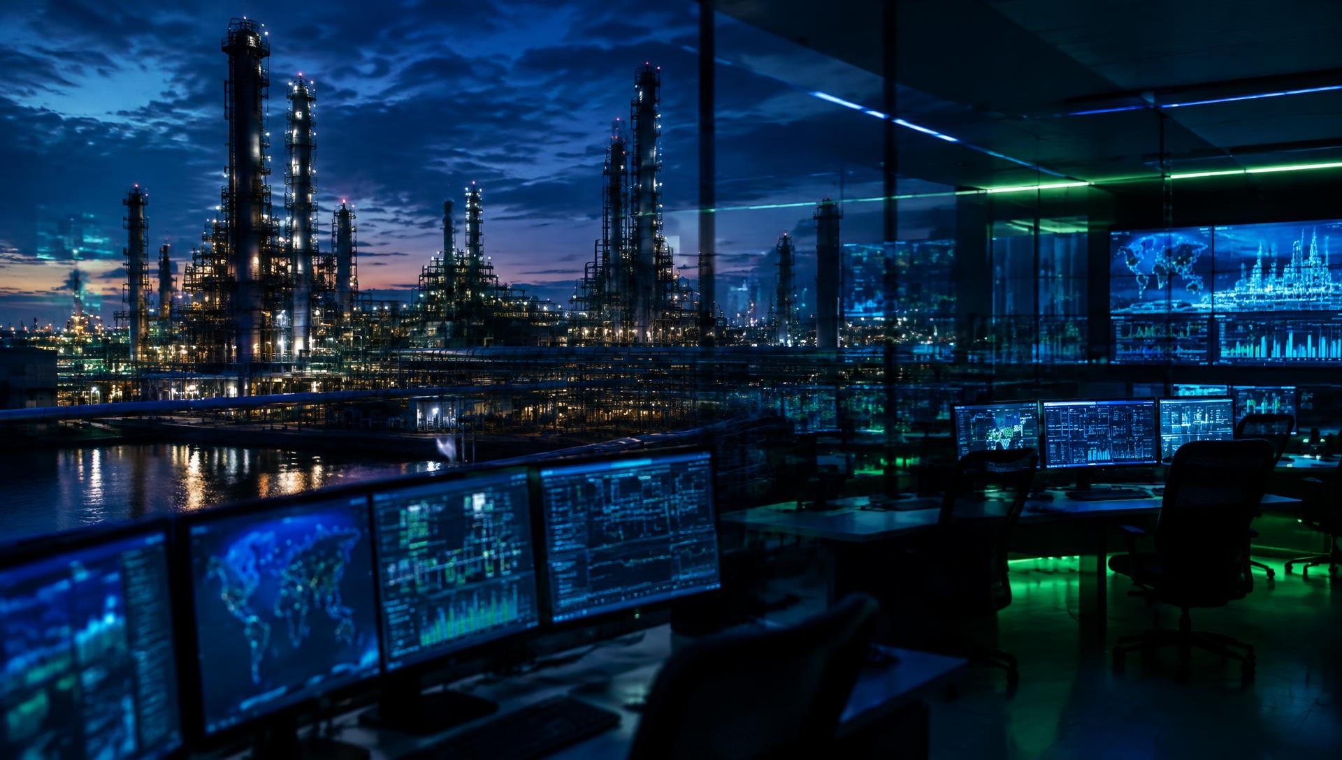 Refinery at blue hour seen from an operations centre